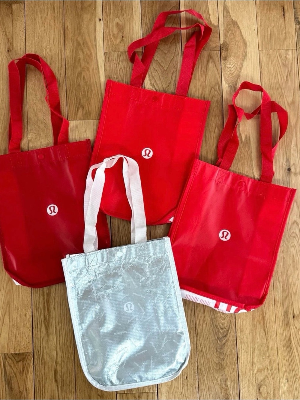 Lululemon Red and Silver Tote Bags